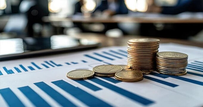 Close up shot of financial graphs and charts on paper with coins near an office table, financial planning, business analysis, home finance