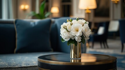 Fototapeta premium Elegant White Floral Arrangement for Luxury Celebration in Upscale Hotel Setting