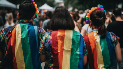 Pride community at a parade with hands raised and the LGBT flag.