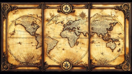 Fototapeta premium A detailed triptych of a vintage-style world map, rich sepia tones, ornate borders and compass roses, aged paper texture, intricate lines depicting continents and oceans, photorealistic quality,