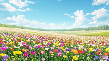 Obraz premium A lush green meadow with wildflowers blooming in every color of the rainbow, fresh cut grass., seasonal blooms, sunny day, vibrant colors, nature's beauty