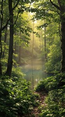 Obraz premium A majestic green landscape with towering trees and a serene lake in the background, serene lake, natural beauty., peaceful atmosphere