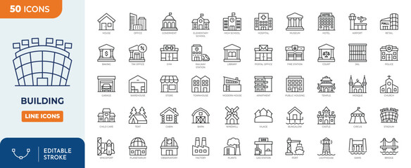 Building Icons set. contains icons of residential and public buildings: house, office, condo, government, school, hotel, university, hospital and more. Outline Icon Collection. Vector illustration.