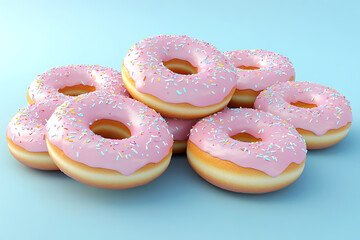 A pile of pink frosted donuts with sprinkles on a light blue background.