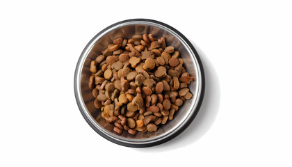 Fototapeta premium Dry Pet Food in Metal Bowl Top View Dog Food Cat Food Kibble Pet Nutrition Animal Fe