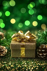 A beautifully wrapped gift box adorned with a shimmering gold bow, surrounded by fragrant pine cones, capturing the essence of festive joy and holiday spirit.