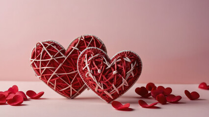 Fototapeta premium Intertwined red hearts with white thread details with scattered heart-shaped petals, symbolize love and unity.Festive pink background