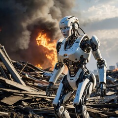 Naklejka premium A humanoid rescue robot, equipped with advanced technology, ready to assist in emergency situations, showcasing futuristic life-saving capabilities