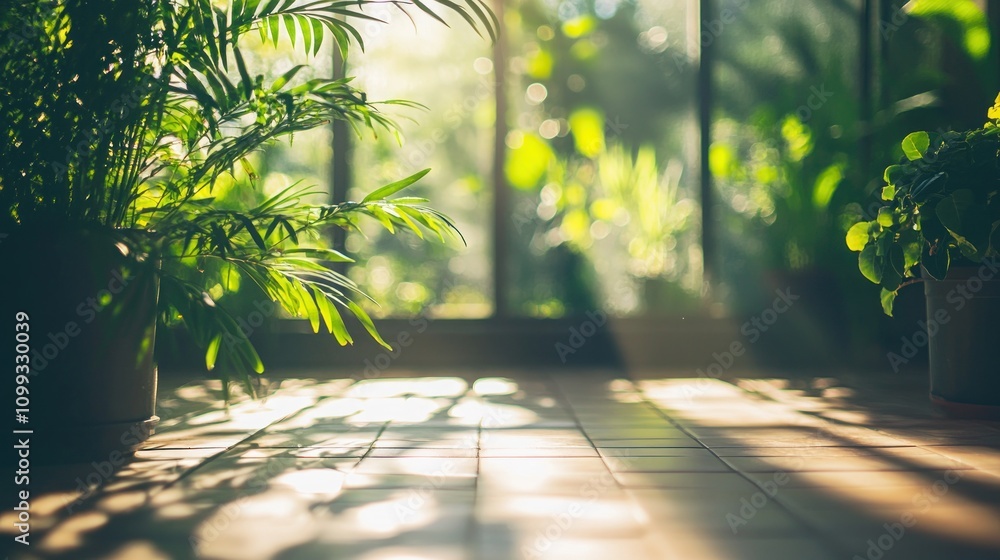 Aufkleber sunbeams shining through a window onto a tile floor, creating a warm and inviting space.