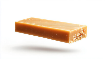 Mouthwatering Butterscotch Fudge Piece Floating in the Air Against a Crisp White Background