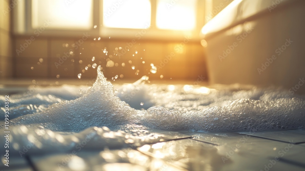 Poster a puddle of soapy water with bubbles on a tiled floor in a bathroom with sunlight streaming in from 