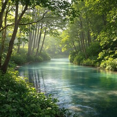 Obraz premium A peaceful scene of a river bend in the forest during summer, mirror-like surface, ambient, zen, harmony