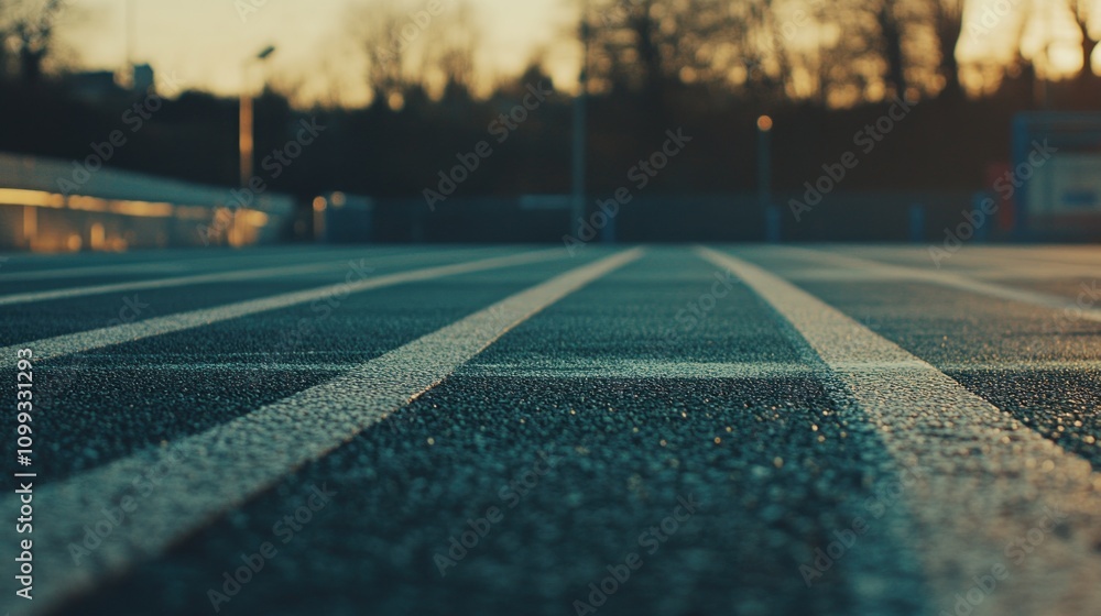 Poster a low angle view of a running track with white lines, showing the start of the race.