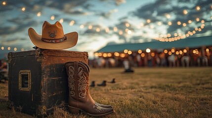 Cowboy Hat Boots Resting On Rustic Wooden Trunk