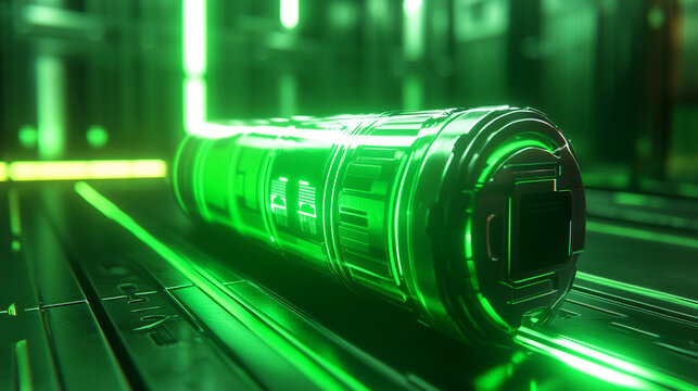 Glowing green power neon futuristic energy storage, high capacity rechargeable lithium ion battery - Powered by Adobe