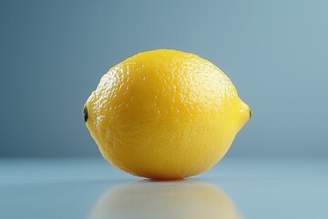 Fresh lemon on reflective surface against blue background