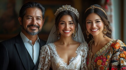 Obraz premium A bright and clear image, 8k high definition family portrait in traditional Hispanic attire, taken in a beautifully decorated home 