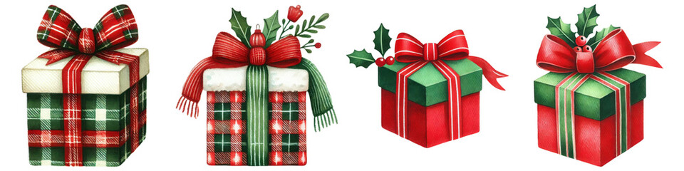 Obraz premium Colorful Christmas decorative. Four festive gift boxes adorned with vibrant ribbons and holiday patterns, showcasing a cheerful seasonal theme.