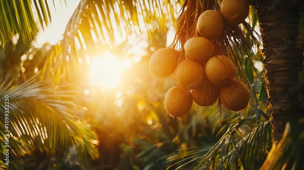 Poster a cluster of coconuts hang from a palm tree with the sun setting in the background.
