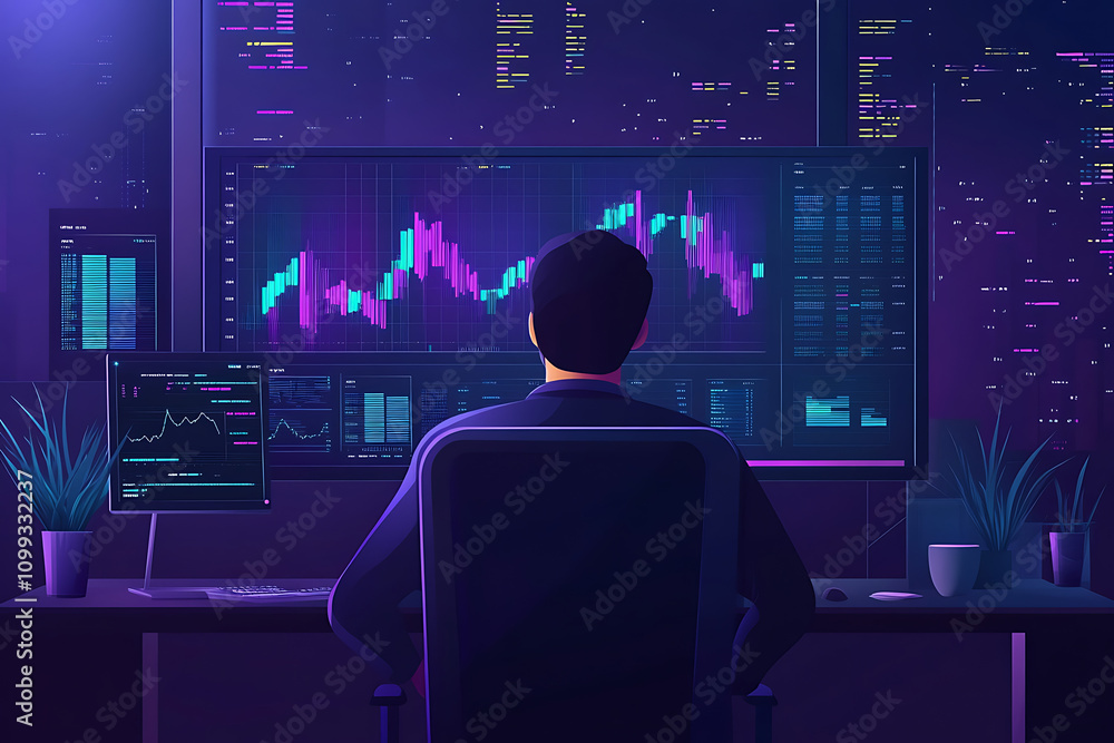 Poster a person analyzing stock market data on multiple screens in a modern, tech-inspired workspace.