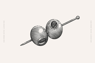 Hand drawn vintage illustration of two olives skewered on a cocktail stick in an engraving style. Ideal for food, cocktail, or bar-related design projects.
