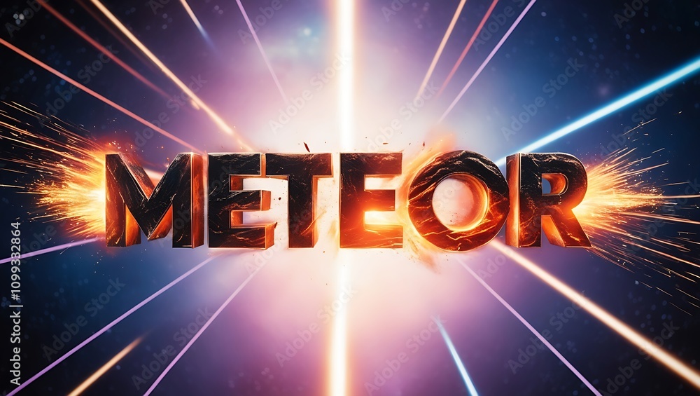 Poster fiery meteor crashing through space, cosmic rays.