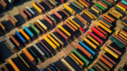 Bird's Eye View of Container Yard: Systematic Organization of Colorful Containers Under Noon Light. Professional Photography Highlighting Infrastructure and Operations.