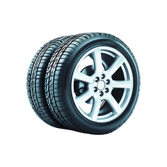 Obraz premium Close-up of Two New Car Tires with Alloy Wheels on White Background