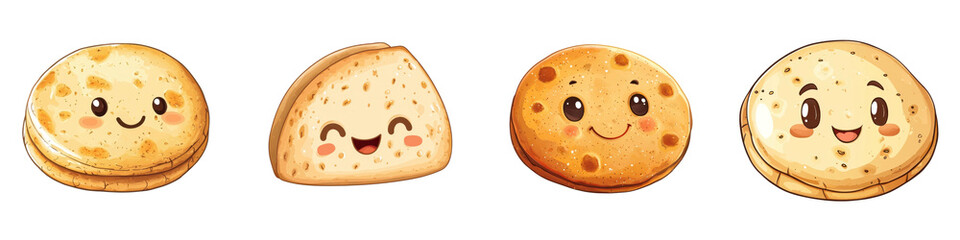 Fototapeta premium Cartoon-style pita bread with a smiling face, isolated on white background. Collection Set PNG.