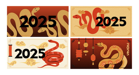 Chinese New Year snake. 2025 holiday banner. Golden serpent on red background. Zodiac animal mascot. Horoscope character, traditional Asian ornament. Congratulation poster. Vector illustration