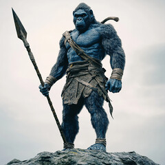 A large, dark gray gorilla statue, wearing tribal ornaments and holding spears. It stands on a rocky outcrop.

