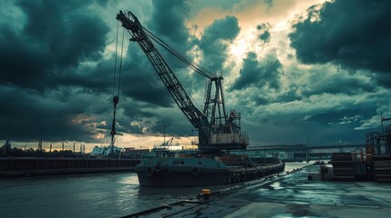Fototapeta premium Mobile Harbor Crane in Action: Barge Loading Under Dramatic Storm Clouds. Elevated Side Angle Capturing Precision and Moody Industrial Atmosphere. Professional Photography.