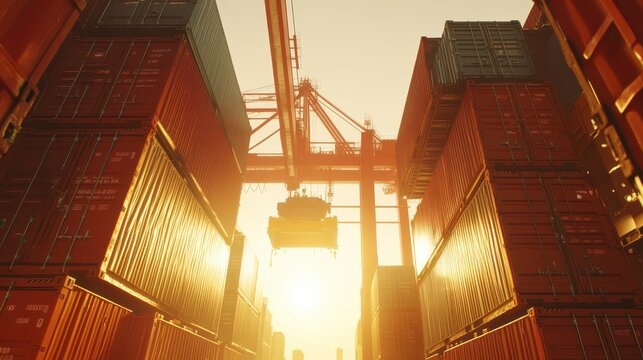 Gantry Crane in Action: Stunning Golden Hour at Seaport Terminal, Capturing Hydraulic Spreader and 40ft Container with Volumetric Sunlight, 8K Ultra HD Photography.