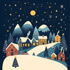 Fototapeta premium Snowy Christmas Village with Trees and Stars