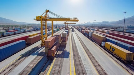 Intermodal Rail Terminal Operations: Wide-Angle Capture of Crane Transfers Under Midday Sunlight, Showcasing Scale and Efficiency in Industrial Setting.