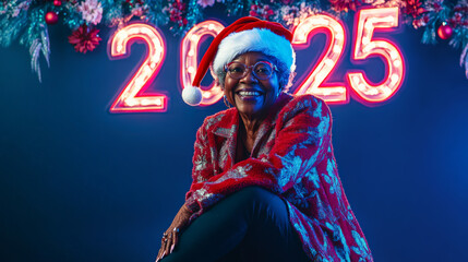 Obraz premium 2025 Cards: African American senior female in a Santa hat sitting on Cute Neon Background Studio Shot