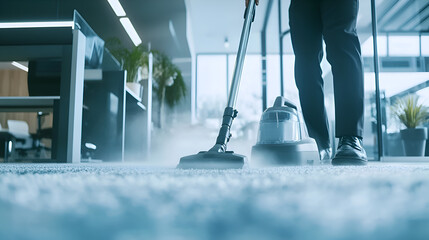 Professional carpet cleaning services concept. A janitor actively using a high-powered vacuum cleaner to clean a plush office carpet. Suitable for marketing or business purposes