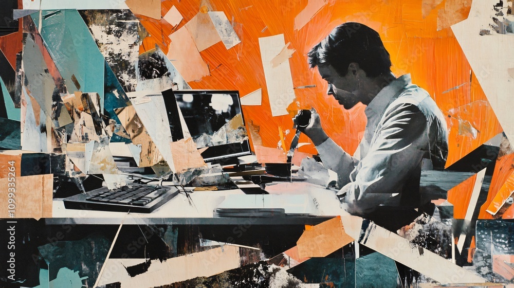 Poster abstract collage art: man at work - exploring the intersection of technology, modern life, and artis