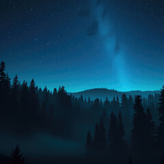 Fototapeta premium A serene forest landscape under a starry night sky with silhouetted trees and twinkling stars, mood, mystery, woodland