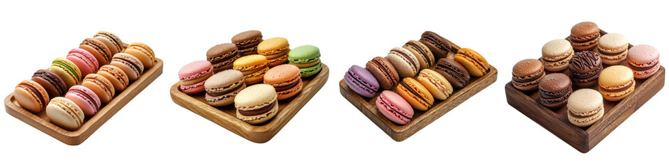 Macarons on a wooden tray, isolated on white background. Collection Set PNG.