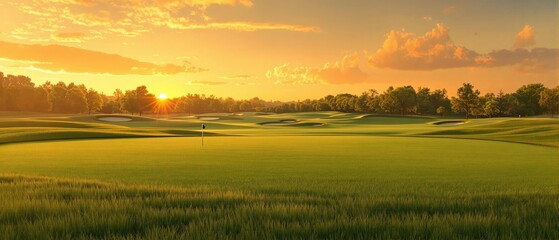 Fototapeta premium A serene landscape of a golf course at sunset with a long grassy lawn and a few golf clubs scattered around, sport, outdoors, lawn, scenery, golf