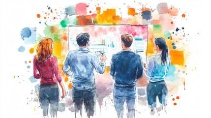 Naklejka premium A Watercolor Depiction of a Business Meeting: Teamwork, Collaboration, and Strategic Planning in the Office