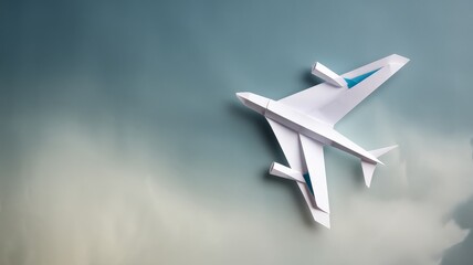 Naklejka premium Paper craft airplane with realistic jet design gliding over misty skies