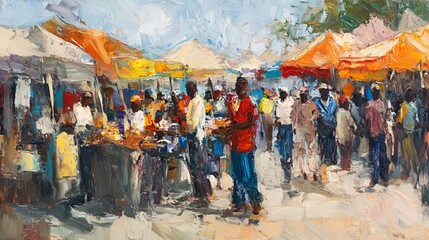 Fototapeta premium A bustling open-air market scene, alive with people engaging in commerce under colorful awnings, capturing the energy of daily life in an African community.