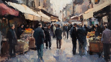 Naklejka premium A bustling European market scene: shoppers browse stalls laden with colorful produce, capturing the vibrant energy of daily life in an old city.