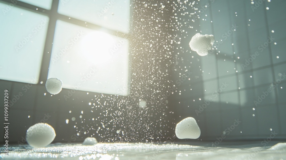 Poster water droplets and foam bubbles falling on a wet surface in front of a large window with sunlight st