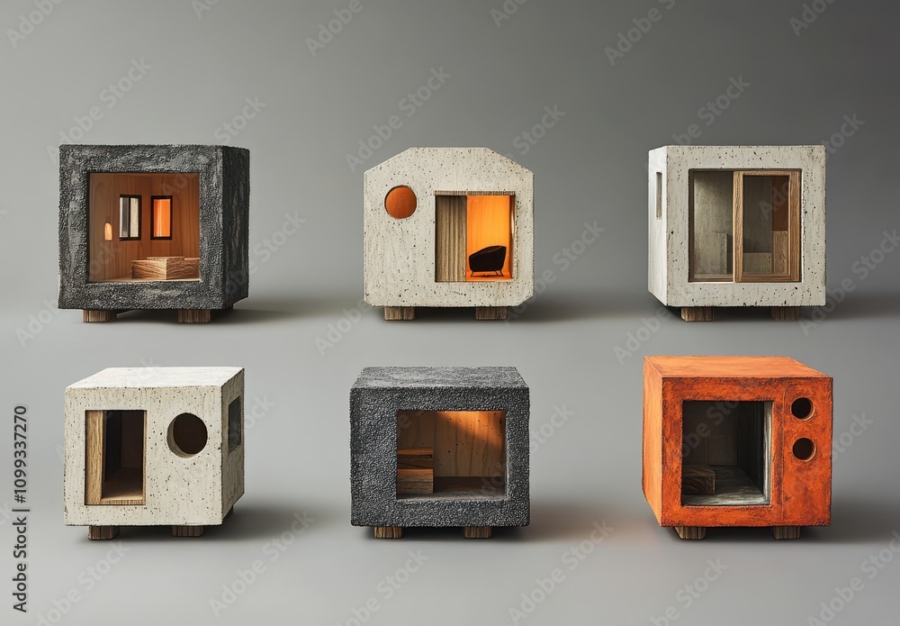 Poster modern minimalist architectural models displaying unique designs and textures in various colors and 