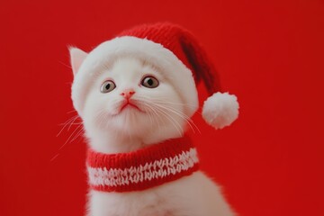 Adorable white kitten in festive holiday attire.