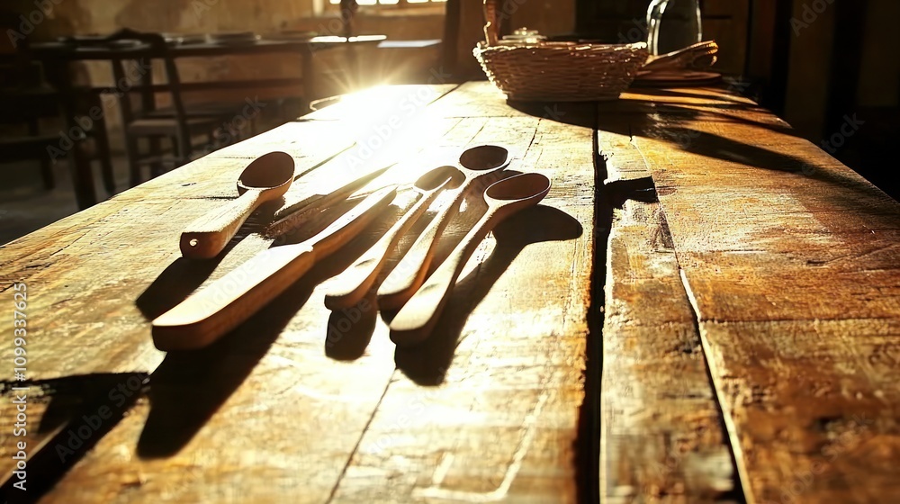 Poster wooden spoons on a rustic table with sunlight streaming through a window.