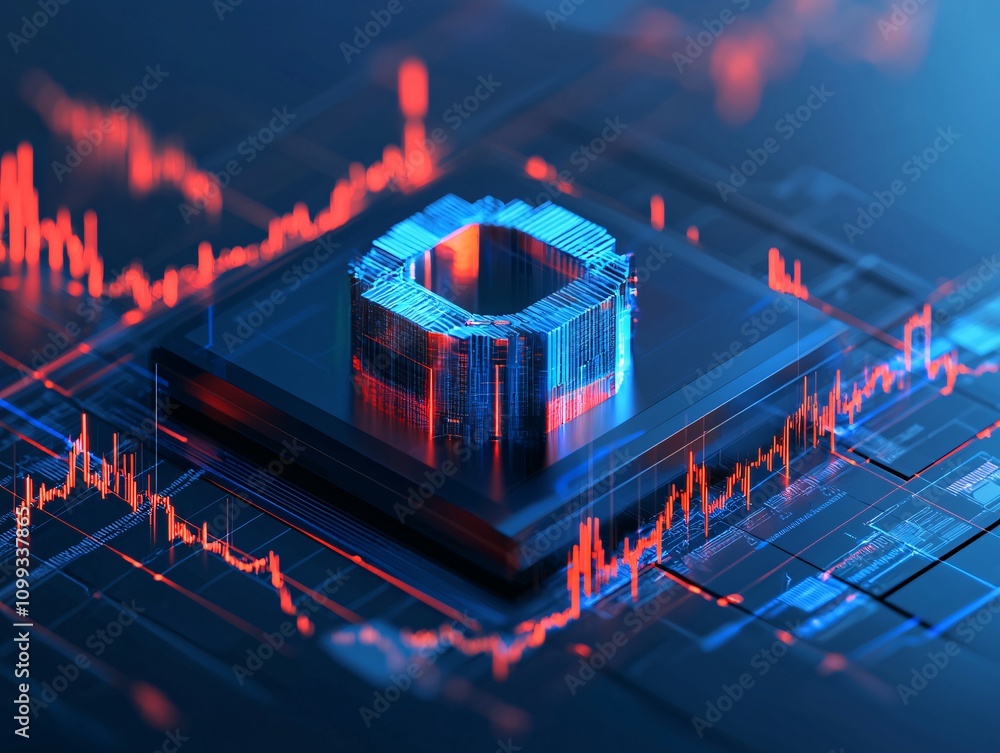 Poster futuristic investment management with robotic advisors and fluctuating currency metrics, creating an